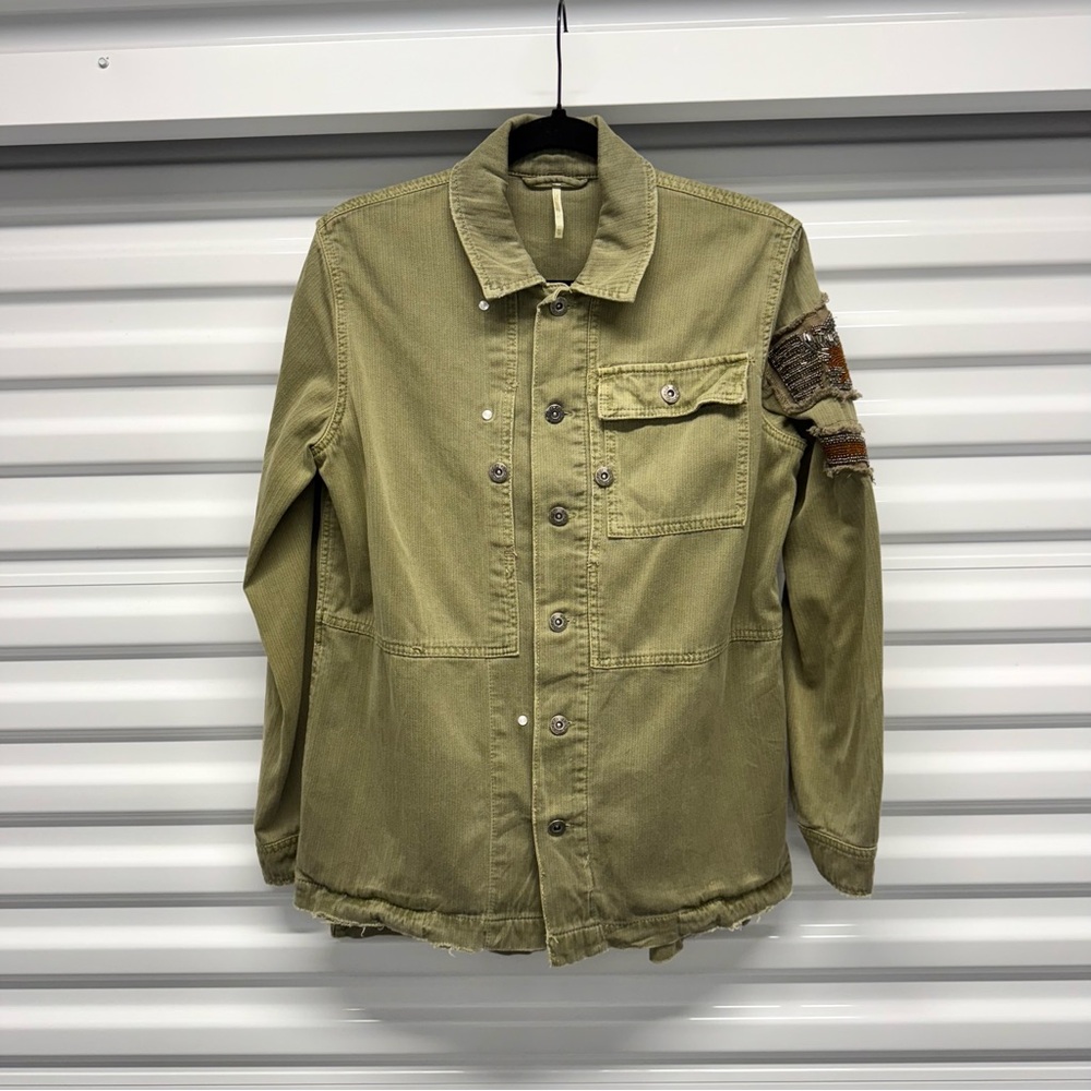 Free People Olive Green Beaded Patch Utility Jacket